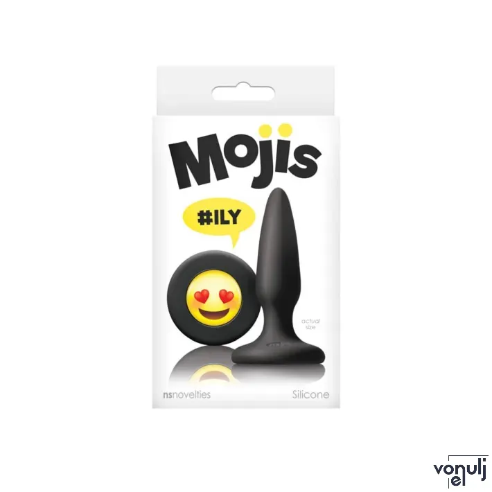 NS NOVELTIES fenékdugó Moji's ILY Black - fekete színben, emojival díszitve, letapasztható, vízálló, szilikon (8,5 cm)