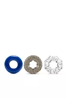 BLUSH péniszgyűrű szett Stay Hard Triple Stretch 3 pack Cockring - 3 eltérő színben, különböző stimuláló felszínnel, vízálló, vibráció nélküli