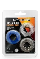 BLUSH péniszgyűrű szett Stay Hard Triple Stretch 3 pack Cockring - 3 eltérő színben, különböző stimuláló felszínnel, vízálló, vibráció nélküli