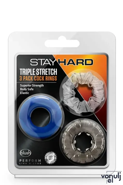 BLUSH péniszgyűrű szett Stay Hard Triple Stretch 3 pack Cockring - 3 eltérő színben, különböző stimuláló felszínnel, vízálló, vibráció nélküli