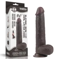 LOVETOY élethű dildó 9" SLIDING SKIN - nagy méretű, herékkel, kétrétegű, letapasztható, csúsztatható bőrű, sötét, TPE (23 cm)