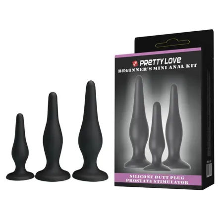 PRETTY LOVE análszett Mini Anal Kit - fekete színben, 3 különböző fenékdugó, letapasztható, vízálló, szilikon