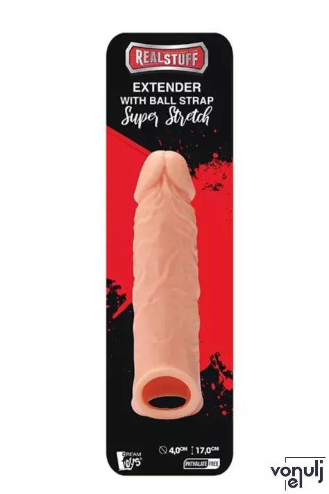 REALSTUFF péniszköpeny Extender With Ball Strap 6,5" - realisztikus, testszínű, erezett felületű, vízálló (17 cm)