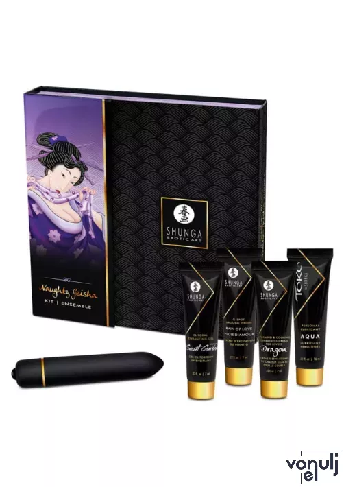 SHUNGA vágyfokozó szett Naughty Geisha's - hölgyeknek,vízbázisú síkosító,csiklóstimuláló krém,g-pont stimuláló krém,melegítő hatású krém,minivibrátor